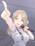  :d arm_up blue_ribbon breasts brown_eyes curtained_hair dress forehead grey_background highres holding holding_microphone ichikawa_hinana idolmaster idolmaster_shiny_colors lace_sleeves large_breasts light_brown_hair light_particles long_hair long_sleeves looking_at_viewer microphone open_mouth parted_bangs pointing pointing_at_viewer ribbon smile unu_(unucence) upper_body white_dress 