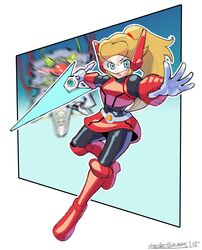  alternate_weapon aqua_eyes armor black_bodysuit blonde_hair bodysuit commentary_request cosplay crossover dated energy_sword head-mounted_display high_ponytail highres holding holding_sword holding_weapon long_hair mega_man_(series) mega_man_zx mighty_peach oomasa_teikoku power_armor princess_peach princess_peach:_showtime! red_footwear red_skirt skirt super_mario_bros. sword weapon z_saber zero(z)_(mega_man) zero(z)_(mega_man)_(cosplay) 