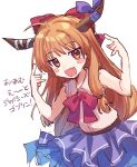  1girl :d blush_stickers bow bowtie brown_horns commentary_request cookie_(touhou) cowboy_shot fang flat_chest hair_bow horn_bow horn_ornament horns ibuki_suika long_hair looking_at_viewer medium_bangs open_mouth orange_eyes orange_hair pointing pointing_at_self purple_bow purple_skirt red_bow red_bowtie shirt simple_background skin_fang skirt sleeveless sleeveless_shirt smile solo touhou translation_request very_long_hair white_background white_shirt xox_xxxxxx 