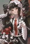  1girl :| animal_print armchair black_hair black_jacket black_nails blood blood_on_face blunt_bangs butterfly_print celestia_ludenberg chair chess_piece chessboard chinese_commentary closed_mouth commentary_request cowboy_shot danganronpa:_trigger_happy_havoc danganronpa_(series) drill_hair earrings elbow_rest expressionless frilled_jacket frilled_sleeves frills grey_background highres holding_chess_piece jacket jewelry lace_trim long_hair long_sleeves looking_down nail_polish neck_ribbon necktie on_chair procreate_(medium) red_eyes red_necktie ribbon ring simple_background sitting slit_pupils solo twin_drills white_headdress yi_zhen_gui_mu 
