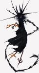  black_cloak black_hair black_tail cloak creature full_body hair_over_one_eye head_wings highres kamikiririp no_humans original red_eyes talons two-tone_tail white_background wings 