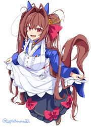  1girl alternate_costume animal_ears apron blue_kimono breasts brown_hair daiwa_scarlet_(umamusume) ear_covers enmaided fang hair_between_eyes hair_intakes hair_ornament hair_ribbon horse_ears horse_girl japanese_clothes kimono large_breasts long_hair looking_at_viewer looking_up maid mengo_(captainmeteor6) name_tag red_eyes ribbon simple_background skin_fang solo twintails twitter_username umamusume very_long_hair wa_maid white_apron white_background 