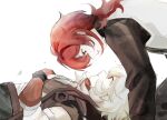 2boys bone_necklace diluc_(genshin_impact) genshin_impact gloves highres long_hair looking_at_another lying male_focus multiple_boys nan777 on_back orange_gloves ponytail razor_(genshin_impact) red_eyes redhead simple_background white_background white_hair 
