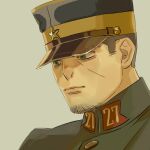  1boy brown_hair chengongzi123 closed_mouth collared_jacket facial_hair goatee_stubble golden_kamuy green_background green_eyes green_jacket hat highres jacket looking_to_the_side male_focus military_hat military_uniform portrait short_hair simple_background solo stubble tsukishima_hajime uniform very_short_hair 