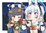  2girls ;o ahoge black_bow black_hair blue_archive blue_shirt blush bow brown_scarf chopsticks closed_mouth comiket_103 commentary_request cup dash_b disposable_cup food green_neckerchief grey_hair hair_bow hair_intakes halo headgear headset highres holding holding_chopsticks holding_cup leaf leaf_on_head long_hair long_sleeves miyako_(blue_archive) miyu_(blue_archive) multiple_girls neckerchief night night_sky noodles one_eye_closed one_side_up parted_lips puffy_long_sleeves puffy_sleeves ramen red_eyes scarf shirt sketch sky smile star_(sky) starry_sky steam upper_body very_long_hair violet_eyes 