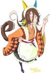  1girl alternate_costume animal_ears apron brown_eyes brown_hair ear_covers enmaided from_above hair_over_one_eye horse_ears horse_girl horse_tail long_hair maid maid_apron mengo_(captainmeteor6) multicolored_hair simple_background streaked_hair tail twitter_username umamusume vodka_(umamusume) wa_maid white_background white_hair wide_sleeves 