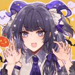  1girl :d bat_(animal) black_hair black_sleeves blunt_bangs brown_nails chinese_commentary claw_pose collared_shirt demon_girl demon_horns detached_sleeves english_commentary fang ghost hair_ribbon halloween heroine_(lovebrush_chronicles) horns long_hair long_sleeves lovebrush_chronicles mixed-language_commentary multicolored_nails nail_polish necktie nevakuma_(fanfanas) outline purple_horns purple_nails purple_necktie purple_ribbon ribbon shirt skin_fang sleeveless sleeveless_shirt smile solo star_(symbol) tress_ribbon two_side_up upper_body violet_eyes weibo_logo weibo_username white_outline white_shirt yellow_background 