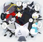  3girls 5boys :3 ? ahoge anger_vein angry animal_ear_fluff animal_ears animal_hat bags_under_eyes baseball_cap bear_ears bear_girl black_background black_capelet black_eyes black_footwear black_hair black_headwear black_pants black_sclera black_suit blood blood_on_clothes blood_on_shoes blue_headwear blue_scarf boots bow braid capelet cetacean_tail cigarette closed_mouth coat colored_sclera colored_skin crossed_arms dress fins fish_tail footwear_bow funamusea funamusea_(style) fur-trimmed_coat fur_hat fur_trim green_coat green_footwear grey_hair grey_scarf grey_shirt hair_between_eyes hair_intakes hair_over_one_eye hands_in_pockets hands_on_own_hips hat highres ice_scream idate_(ice_scream) long_hair looking_at_viewer low_twintails mafuyu_(ice_scream) mob_face multicolored_clothes multicolored_hair multicolored_headwear multiple_boys multiple_girls no_mouth open_mouth orange_eyes orange_headwear orca_boy owl_boy pants penguin_boy penguin_hat peraco_(ice_scream) ppop_csillag red_scarf red_sclera rock_(ice_scream) rocma_(ice_scream) scarf seal_hat shaded_face shark_fin sharp_teeth shirogane_(ice_scream) shirt sitting smoking snowman speech_bubble splatter_background standing stepped_on suit sunosan_(ice_scream) sweat sweatdrop tail teeth translation_request twin_braids twintails white_background white_bow white_dress white_eyes white_hair white_skin wide-eyed wolf_boy wolf_ears yellow_sclera 