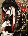  1boy black_hair black_kimono border branch brown_border closed_mouth collarbone doll_joints flower half-closed_eyes highres holding holding_sword holding_weapon japanese_clothes joints kagoya1219 katana kimono long_hair looking_at_viewer male_focus original outside_border pale_skin ponytail profile red_background red_lips sheath sheathed sidelocks sideways_glance signature solo sword upper_body weapon white_flower 