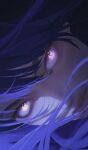  blunt_bangs close-up genshin_impact glowing glowing_eyes highres kantakerro lips mitsudomoe_(shape) portrait purple_hair raiden_shogun symbol-shaped_pupils tomoe_(symbol) violet_eyes 