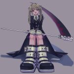  1girl black_jacket blonde_hair blush boots full_body green_eyes highres holding holding_scythe jacket long_hair maka_albarn miniskirt open_mouth plaid plaid_skirt pururu_ru6 scythe sitting skirt smile solo soul_eater twintails 