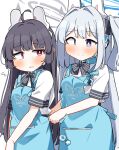  2girls ahoge angel&#039;s_24_uniform_(blue_archive) apron black_bow black_hair blue_apron blue_archive blush bow closed_mouth collared_shirt commentary_request dash_b employee_uniform flying_sweatdrops grey_hair hair_bow hair_intakes halo headgear highres long_hair miyako_(blue_archive) miyu_(blue_archive) multiple_girls one_side_up parted_lips red_eyes shirt short_sleeves simple_background smile striped_bow uniform very_long_hair violet_eyes white_background white_shirt 