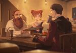  3boys 3girls :t beard black_eyes blurry bowl brown_eyes brown_hair commentary_request cup denken_(sousou_no_frieren) depth_of_field double_bun eating facial_hair fern_(sousou_no_frieren) food fork frieren full_beard hair_bun hair_ornament highres holding holding_cup holding_menu holding_spoon indoors laufen_(sousou_no_frieren) looking_at_another menu monocle multiple_boys multiple_girls mustache old old_man omelet opaque_monocle orange_hair plate richter_(sousou_no_frieren) short_hair sitting sousou_no_frieren spoon stark_(sousou_no_frieren) tassel tassel_hair_ornament wooden_bowl zinnkousai3850 