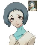  1girl blue_hair closed_mouth derivative_work english_commentary eyelashes furrowed_brow game_screenshot_inset grey_eyes n7grey persona persona_3 reference_inset short_hair simple_background upper_body white_background yamagishi_fuuka 