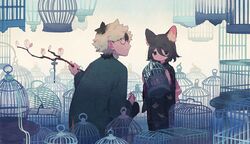  1boy 1girl animal_ear_fluff animal_ears animal_print bird_print birdcage black_eyes black_hair black_kimono black_pants branch cage cat_ears cat_girl closed_mouth expressionless flower glasses green_jacket hair_between_eyes holding holding_branch holding_cage jacket japanese_clothes kimono long_sleeves looking_at_viewer looking_back multicolored_hair original pants ribbon round_eyewear short_hair squatting standing two-tone_hair urabe_(mstchan) white_hair yellow_background 