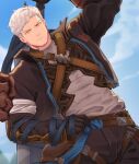  1boy belt black_gloves black_jacket black_pants brown_belt closed_mouth clouds day gloves granblue_fantasy granblue_fantasy:_relink highres id_(granblue_fantasy:_relink) jacket kimakkun looking_at_viewer male_focus orange_eyes outdoors pants shirt short_hair sky solo sword sword_on_back weapon weapon_on_back white_hair white_shirt 