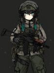  1girl aks-74u ammunition_pouch assault_rifle aze_(tyranno-link) bandaged_arm bandages black_hair blood blood_on_clothes cargo_pants escape_from_tarkov frown green_eyes green_hair gun handgun helmet holster jacket kalashnikov_rifle looking_at_viewer military_uniform optical_sight pants plate_carrier pouch rifle solo thigh_holster trigger_discipline uniform walkie-talkie weapon 