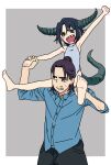  1boy 1girl arm_up barefoot black_hair blue_shirt blush carrying dragon_girl dragon_horns dragon_tail green_eyes highres holding_hands horns leotard open_mouth original osame sharp_teeth shirt short_hair shoulder_carry sketch tail teeth 