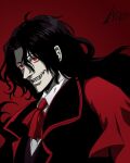  1boy alucard_(hellsing) artist_name ascot asrto_records black_coat coat collared_shirt colored_skin grey_skin grin hellsing highres limited_palette making-of_available male_focus pointy_nose red_ascot red_background red_eyes red_theme sharp_teeth shirt smile teeth upper_body vest white_shirt 