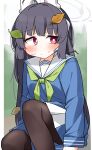  1girl ahoge black_hair blue_archive blue_serafuku blue_shirt blue_skirt blush breasts brown_pantyhose closed_mouth dash_b feet_out_of_frame green_neckerchief hair_intakes halo headgear headset highres leaf leaf_on_head long_hair long_sleeves miyu_(blue_archive) neckerchief pantyhose pleated_skirt puffy_long_sleeves puffy_sleeves red_eyes sailor_collar school_uniform serafuku shirt skirt small_breasts solo sweat very_long_hair wavy_mouth white_sailor_collar 