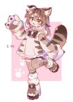  1girl :o animal_ears brown_hair brown_hoodie brown_thighhighs cat_ears cat_girl cat_tail dated fang full_body highres hood hoodie original paw_pose paw_print paw_print_background skin_fang solo tail thigh-highs uenomigi white_background yellow_eyes 