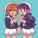  2girls ^_^ aqua_background artist_name beret black_shirt brown_hair cardcaptor_sakura closed_eyes daidouji_tomoyo facing_viewer hat heart_hands_failure highres holding_hands kafesitoh kinomoto_sakura long_hair looking_at_viewer multiple_girls open_mouth purple_hair sailor_collar school_uniform shirt short_hair simple_background skirt smile thumbs_up tomoeda_elementary_school_uniform violet_eyes watermark white_headwear white_sailor_collar white_skirt 