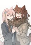  2girls black_jacket blue_eyes blush bocchi_the_rock! bright_pupils brown_coat brown_scarf chinese_commentary coat commentary_request cube_hair_ornament dog_girl dog_tail gotoh_hitori green_eyes hair_ornament highres holding_hands interlocked_fingers jacket kemonomimi_mode kita_ikuyo long_hair looking_at_viewer multiple_girls one_side_up open_mouth parted_lips pink_hair plaid plaid_scarf redhead scarf shared_clothes shared_scarf simple_background smile sweatdrop tail upper_body white_background white_pupils yanlingjinshilihuahua yuri 