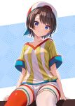  1girl backwards_hat baseball_cap blue_background blue_eyes blush brown_hair hat highres hololive looking_at_viewer oozora_subaru oozora_subaru_(1st_costume) shirt short_hair short_sleeves shorts sitting smile solo striped_clothes striped_shirt swept_bangs thigh-highs tooo88 vertical-striped_clothes vertical-striped_shirt virtual_youtuber 