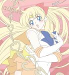  1girl aino_minako back_bow bishoujo_senshi_sailor_moon blonde_hair blue_bow blue_bowtie blue_eyes bow bowtie chain circlet commentary dated earrings elbow_gloves gloves hair_bow jewelry long_hair looking_to_the_side magical_girl morishima_noriko_(noriko_mrsm) open_mouth orange_sailor_collar orange_skirt pleated_skirt red_background red_bow sailor_collar sailor_senshi sailor_senshi_uniform sailor_venus signature skirt solo symbol-only_commentary white_gloves yellow_bow 