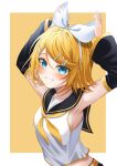 1girl absurdres adjusting_bow arched_back arms_up black_sailor_collar black_shorts black_sleeves blonde_hair blue_eyes bow breasts crop_top detached_sleeves grin hair_bow hair_ornament hairclip highres kagamine_rin looking_at_viewer midriff neckerchief ryaru_ryaru sailor_collar sailor_shirt shirt short_hair shorts sideboob sideways_glance sleeveless sleeveless_shirt small_breasts smile solo upper_body vocaloid white_bow yellow_neckerchief