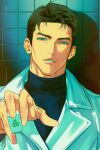  14ho_sd 1boy black_hair character_request coat collared_coat facing_viewer holding holding_mahjong_tile indoors looking_at_viewer mahjong_tile male_focus slam_dunk_(series) solo sweater teeth tile_wall tiles translation_request turtleneck turtleneck_sweater white_coat wrinkled_skin 