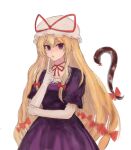  1girl 83mkneinlsqmebq blonde_hair bow choker commentary_request dress elbow_gloves gap_(touhou) gloves hair_bow hat hat_ribbon highres long_hair looking_at_viewer mob_cap open_mouth purple_dress red_bow red_ribbon ribbon ribbon_choker short_sleeves solo touhou violet_eyes white_background white_gloves yakumo_yukari 