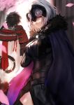  1boy 1girl armor armored_dress back black_hair black_headwear breasts chiemon_(fate) cloak falling_petals fate/grand_order fate/samurai_remnant fate_(series) grey_hair headpiece highres jeanne_d&#039;arc_(fate) jeanne_d&#039;arc_alter_(fate) jikihatiman looking_at_viewer petals short_hair yellow_eyes 