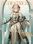  1girl :&lt; ahoge armor armored_boots black_thighhighs blonde_hair blue_eyes boots bow breastplate copyright_name dress english_text feet_out_of_frame gauntlets green_bow hand_on_own_hip highres holding holding_sword holding_weapon laurel_crown legs_apart lilya_(reverse:1999) lilya_(the_art_of_destreza)_(reverse:1999) logo long_dress long_hair looking_at_viewer low-braided_long_hair low-tied_long_hair official_alternate_costume official_art reverse:1999 solo standing sword thigh-highs weapon white_dress 