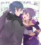  1boy 1girl absurdres bernadetta_von_varley black_cape blue_eyes blue_hair blush byleth_(fire_emblem) byleth_(male)_(fire_emblem) cape closed_eyes commentary_request dress fire_emblem fire_emblem:_three_houses gauntlets gloves highres hug long_sleeves looking_at_viewer open_mouth purple_dress purple_hair sakura_no_yoru smile teeth upper_teeth_only yellow_gloves 