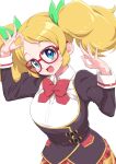  1girl :d aikatsu! aikatsu!_(series) alternate_breast_size black_shirt blonde_hair blue_eyes bow bowtie breasts checkered_clothes checkered_skirt collar glasses green_bow hair_bow hands_up head_tilt large_breasts looking_at_viewer medium_hair ok_sign open_mouth red-framed_eyewear red_bow red_bowtie saegusa_kii school_uniform senzoc shirt simple_background skirt smile twintails upper_body white_background white_shirt 