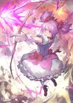  1girl aiming bow bow_(weapon) bubble_skirt choker drawing_bow dress energy_arrow firing gloves hair_bow hair_ribbon highres holding holding_bow_(weapon) holding_weapon kaname_madoka magical_girl mahou_shoujo_madoka_magica mahou_shoujo_madoka_magica_(anime) monte_tako pink_dress pink_eyes pink_hair red_bow ribbon shoes short_hair short_sleeves short_twintails skirt twintails weapon 