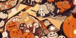  2boys blonde_hair blush_stickers candy_apple chibi chinese_commentary chocobo closed_eyes cloud_strife commentary_request cookie cupcake dapanggezilan dessert doughnut final_fantasy final_fantasy_vii food full_body ghost green_eyes grey_hair halloween highres jack-o&#039;-lantern katana lace long_hair male_focus masamune_(ff7) mini_person multiple_boys octopus_boy on_plate on_table open_mouth pastry plate pop_tart pumpkin sephiroth short_hair smile spiky_hair sword table takoyaki tentacles topless_male weapon 