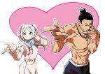  1girl ;o anaguma_201 black_hair blowing_kiss buttons coat crossover double-breasted double_finger_gun elf finger_gun frieren frieren_blowing_a_kiss_(meme) grey_eyes heart heart_background highres jewelry jujutsu_kaisen long_hair meme muscular muscular_male necklace one_eye_closed pointing pointy_ears pose_imitation puckered_lips scar scar_across_eye scar_on_face scarf season_connection sideburns sousou_no_frieren topknot topless_male toudou_aoi_(jujutsu_kaisen) trait_connection twintails undercut v-taper 