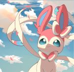 blush bright_pupils closed_mouth clouds commentary_request day falling_petals green_eyes highres i_cant_do_it looking_up no_humans outdoors petals pokemon pokemon_(creature) sky smile solo sylveon white_pupils 