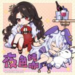  2girls animal_ears benghuai_xueyuan black_hair bottle breasts chibi closed_eyes closed_mouth copyright_name crossover cup dress drinking_glass earrings hair_ornament honkai_(series) jewelry long_hair multiple_girls official_art rabbit_ears rebekah_(benghuai_xueyuan) red_dress red_eyes second-party_source sleeping slumber_(benghuai_xueyuan) white_hair wine_bottle wine_glass 