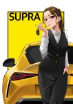  1girl absurdres black_pants black_vest blush border brown_eyes car car_keys collared_shirt frown hair_behind_ear hand_in_pocket highres looking_at_viewer motor_vehicle original outside_border pants pink_lips ponytail shirt solo sora_no_sen sports_car toyota toyota_supra toyota_supra_mk_v vehicle_name vest white_border white_shirt yellow_background 