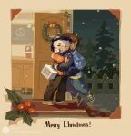  2boys backpack bag beard black_eyes black_hair black_jacket blue_bag blue_pants bright_pupils brown_footwear brown_hair brown_pants cake cassidy_(overwatch) chengongzi123 christmas christmas_wreath closed_eyes closed_mouth deformed door english_commentary english_text facial_hair fence food full_body gift hanzo_(overwatch) highres holding holly hug indoors jacket lofter_username long_sleeves male_focus merry_christmas multiple_boys mutual_hug open_mouth orange_sweater overwatch pants pine_tree short_hair slippers snow snowing standing sweater tree undercut white_pupils winter wreath 