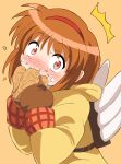 1girl :t ^^^ angel_wings backpack bag brown_hair brown_mittens caught closed_mouth coat commentary eating embarrassed fake_wings food food_on_face from_side hairband hands_up highres holding holding_food hood hood_down kanon looking_at_viewer medium_hair mittens orange_background red_eyes red_hairband silky_(silky_illust) simple_background solo surprised sweatdrop taiyaki tareme tsukimiya_ayu upper_body wagashi white_wings wide-eyed wings yellow_coat