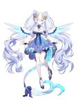  1girl absurdres bare_shoulders bloomers detached_sleeves dragoon_(quantum_protocol) dress facial_mark hen-tie high_heels highres horns long_hair looking_at_viewer non-web_source quantum_protocol tail thigh-highs transparent_background twintails violet_eyes white_hair wings 