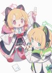  2girls absurdres animal_ear_headphones animal_ears atat250 black_skirt black_thighhighs blonde_hair blue_archive blush bow fake_animal_ears green_bow green_eyes green_halo hair_bow halo headphones highres holding holding_stylus jacket long_sleeves looking_at_viewer midori_(blue_archive) momoi_(blue_archive) multiple_girls open_clothes open_jacket open_mouth parted_lips pink_halo pleated_skirt red_bow red_eyes short_hair siblings simple_background sisters skirt stylus thigh-highs twins white_background white_jacket 