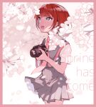  1girl border camera cherry_blossoms collared_shirt danganronpa_(series) danganronpa_2:_goodbye_despair english_text falling_petals flower freckles grey_skirt holding holding_camera koizumi_mahiru looking_up necktie negoto_o open_mouth petals pink_border pleated_skirt red_necktie redhead school_uniform shirt short_hair simple_background skirt solo standing tree upper_body 