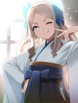  1girl asakaze_(kancolle) blue_bow blue_eyes blue_hakama blush bow cowboy_shot forehead furisode hair_bow hair_ribbon hakama hakama_skirt highres indoors japanese_clothes kantai_collection kimono light_brown_hair long_hair looking_at_viewer meiji_schoolgirl_uniform mizoki_kei one_eye_closed parted_bangs ribbon skirt smile solo sunlight v wavy_hair white_kimono 