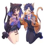  2boys absurdres animal_ears astel_leda black_hair black_nails blonde_hair blue_hair blush cat_boy cat_day cat_ears cat_tail claw_pose collar earrings full_body green_eyes highres holding_hands holostars hood hood_up jacket jewelry kanade_izuru kanade_izuru_(1st_costume) kneeling male_focus multicolored_hair multiple_boys necktie noookaaa open_clothes open_jacket open_mouth red_necktie short_hair shorts spiked_collar spikes tail thigh_strap violet_eyes virtual_youtuber white_background 