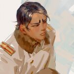  1boy black_eyes black_hair blue_background brown_coat chengongzi123 closed_mouth coat collared_coat dark-skinned_male dark_skin fur-trimmed_coat fur_trim golden_kamuy koito_otonoshin looking_to_the_side male_focus short_hair solo upper_body very_short_hair 